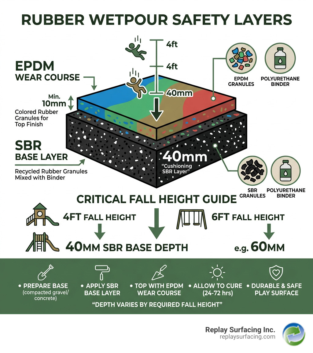 Safety layers of rubber wetpour infographic showing SBR base and EPDM wear course with fall height depths - diy rubber Safety layers of rubber wetpour infographic showing SBR base and EPDM wear course with fall height depths - diy rubber