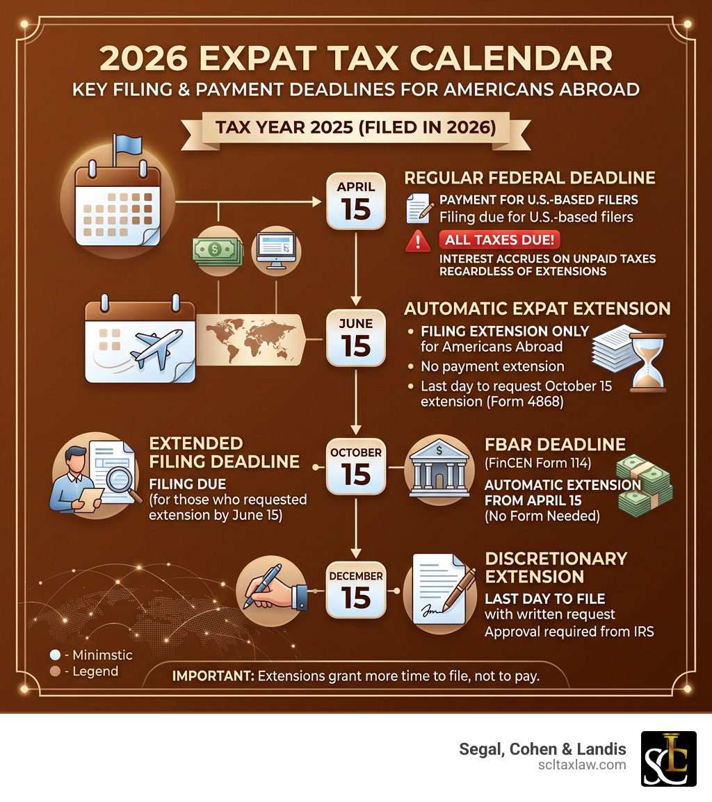 2026 expat tax calendar showing key filing and payment deadlines for Americans abroad - expat tax filing deadline