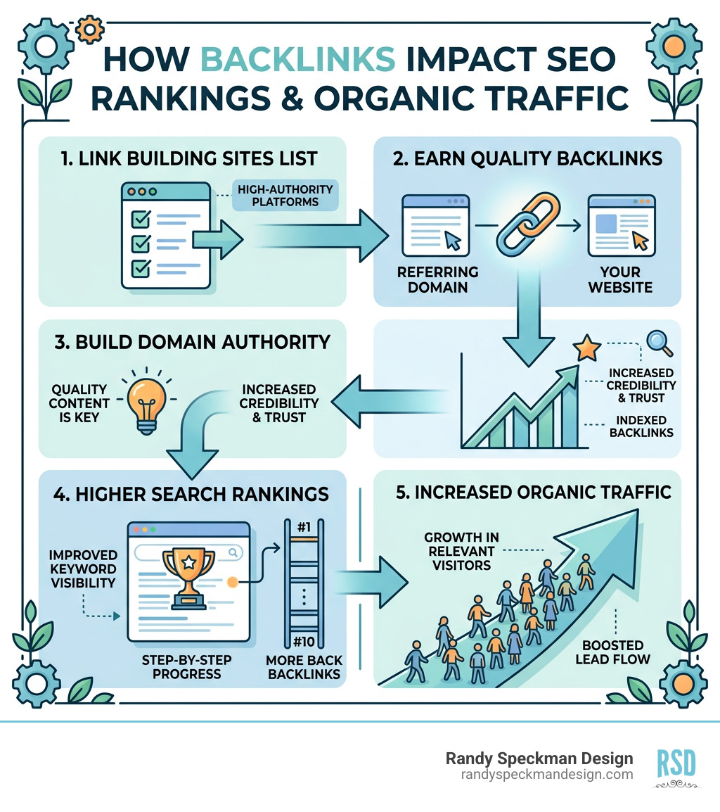 Infographic showing how backlinks impact SEO rankings and organic traffic - link building site list infographic 