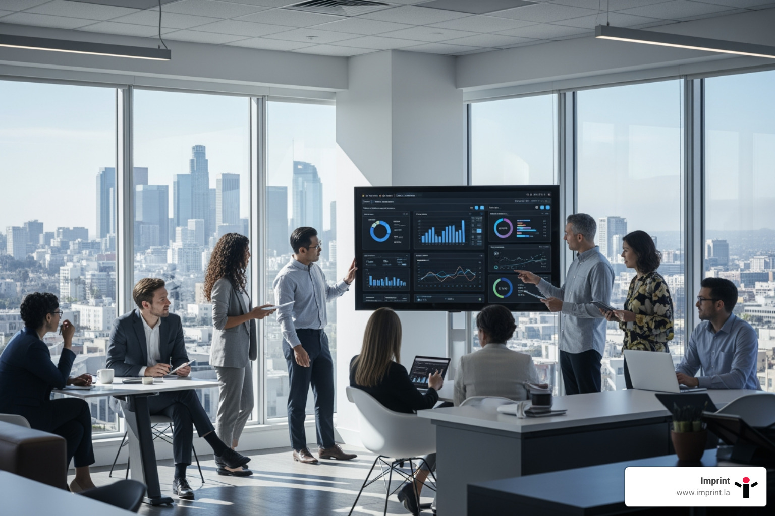 Marketing team in Los Angeles analyzing performance data on a large screen - data driven lead strategies