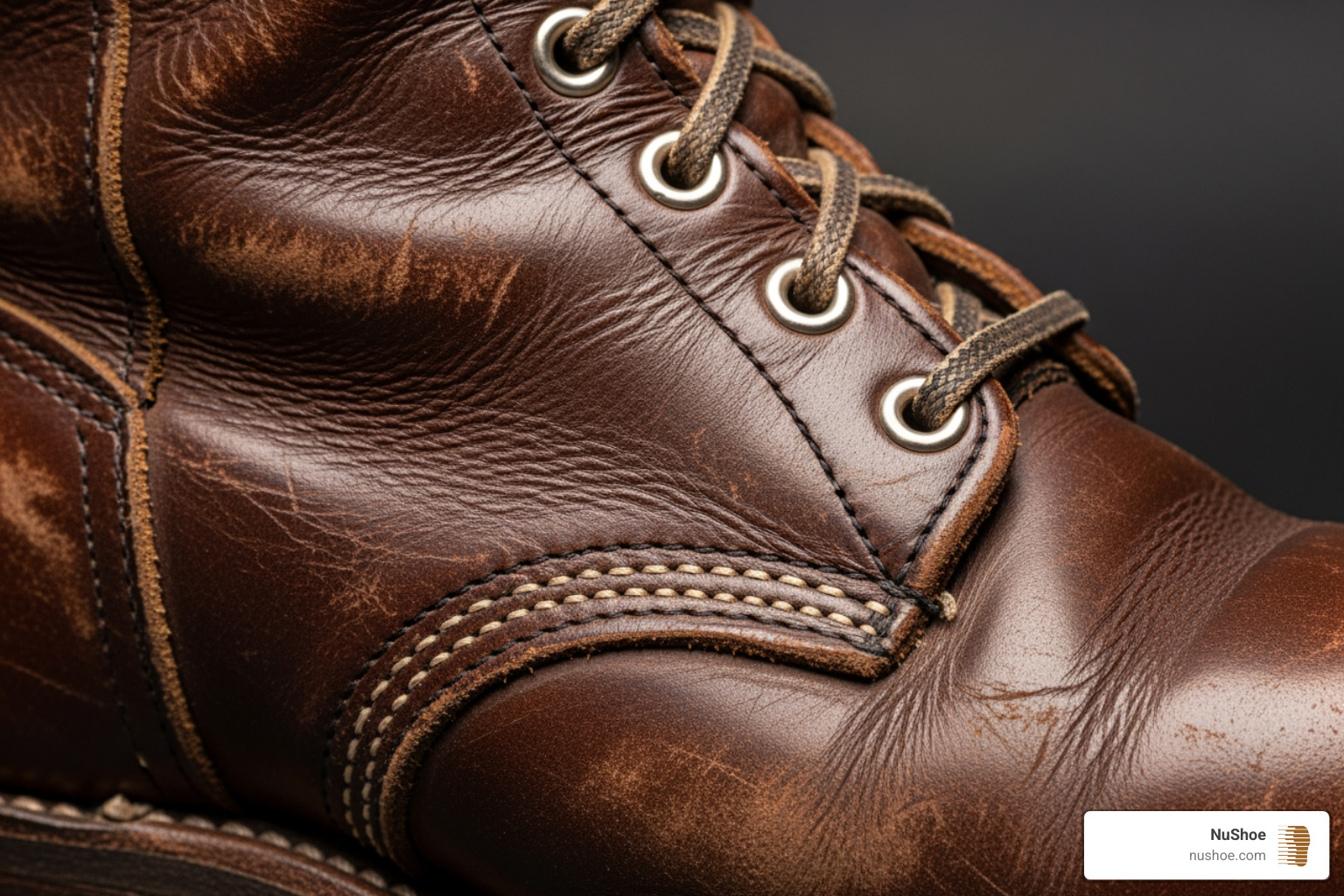 Close-up of a perfectly broken-in Chippewa leather upper showing rich patina - chippewa boot rebuild