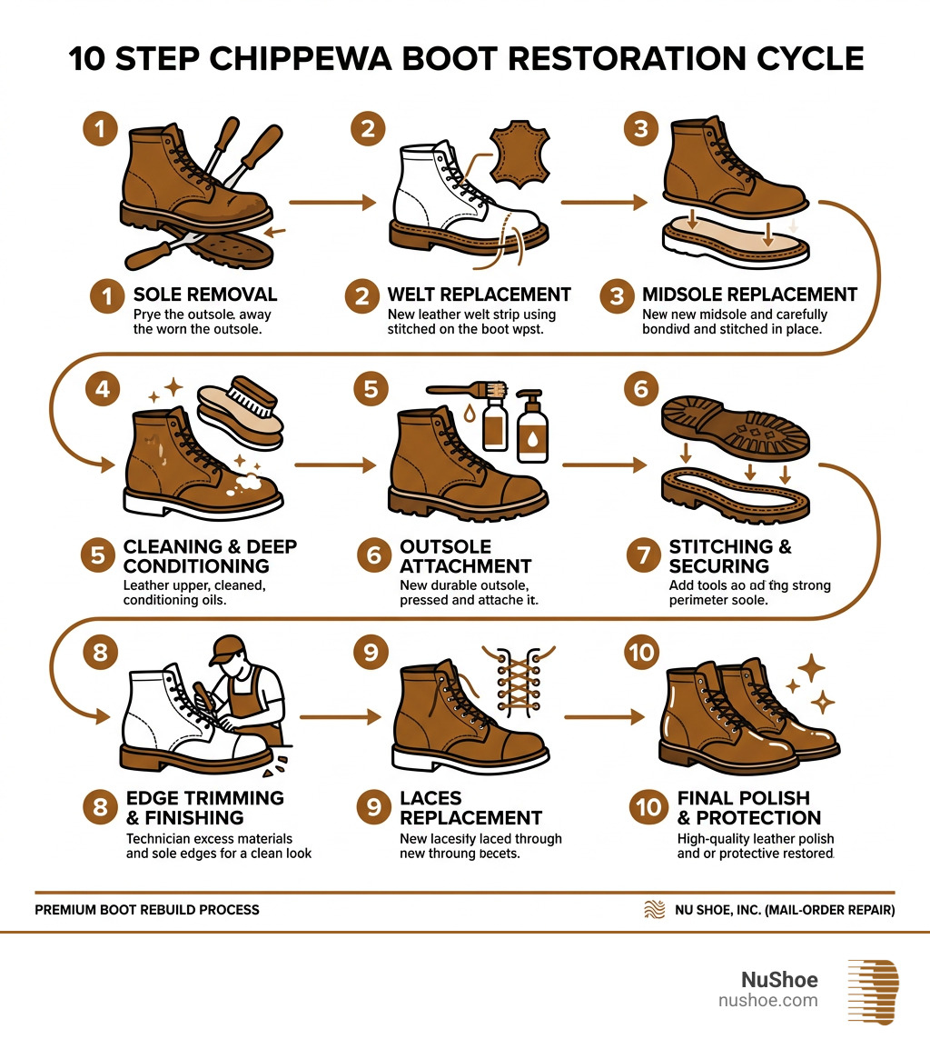 10-step Chippewa boot restoration cycle infographic showing sole removal through final polish - chippewa boot rebuild