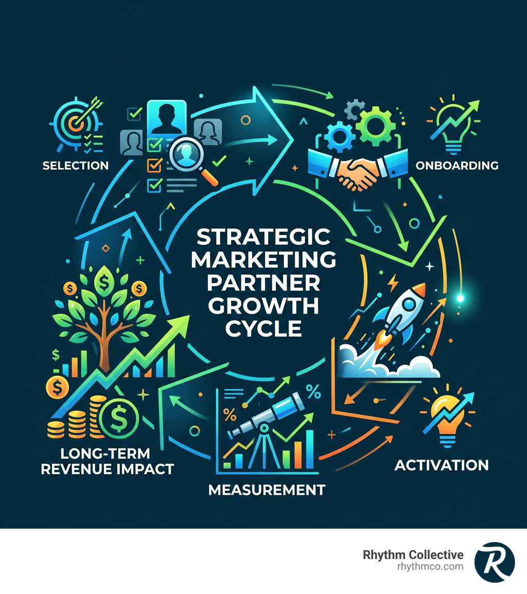 Strategic marketing partner growth cycle showing selection, onboarding, activation, measurement, and long-term revenue Strategic marketing partner growth cycle showing selection, onboarding, activation, measurement, and long-term revenue