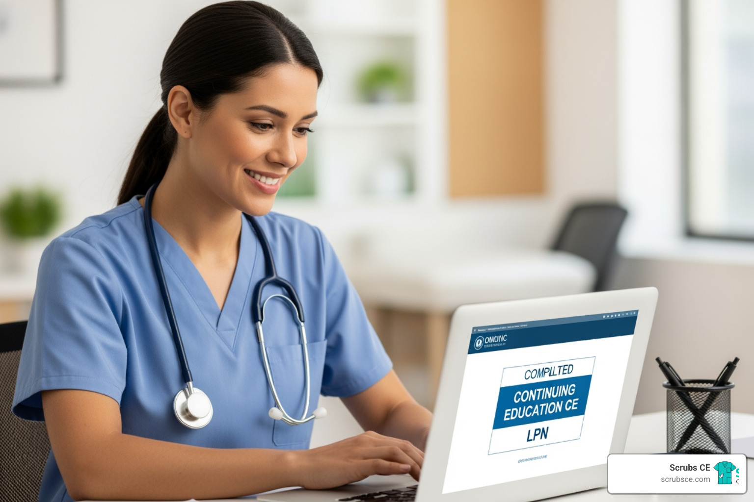 Nurse successfully completing an online LPN CE module on a laptop - LPN CE courses Nurse successfully completing an online LPN CE module on a laptop - LPN CE courses
