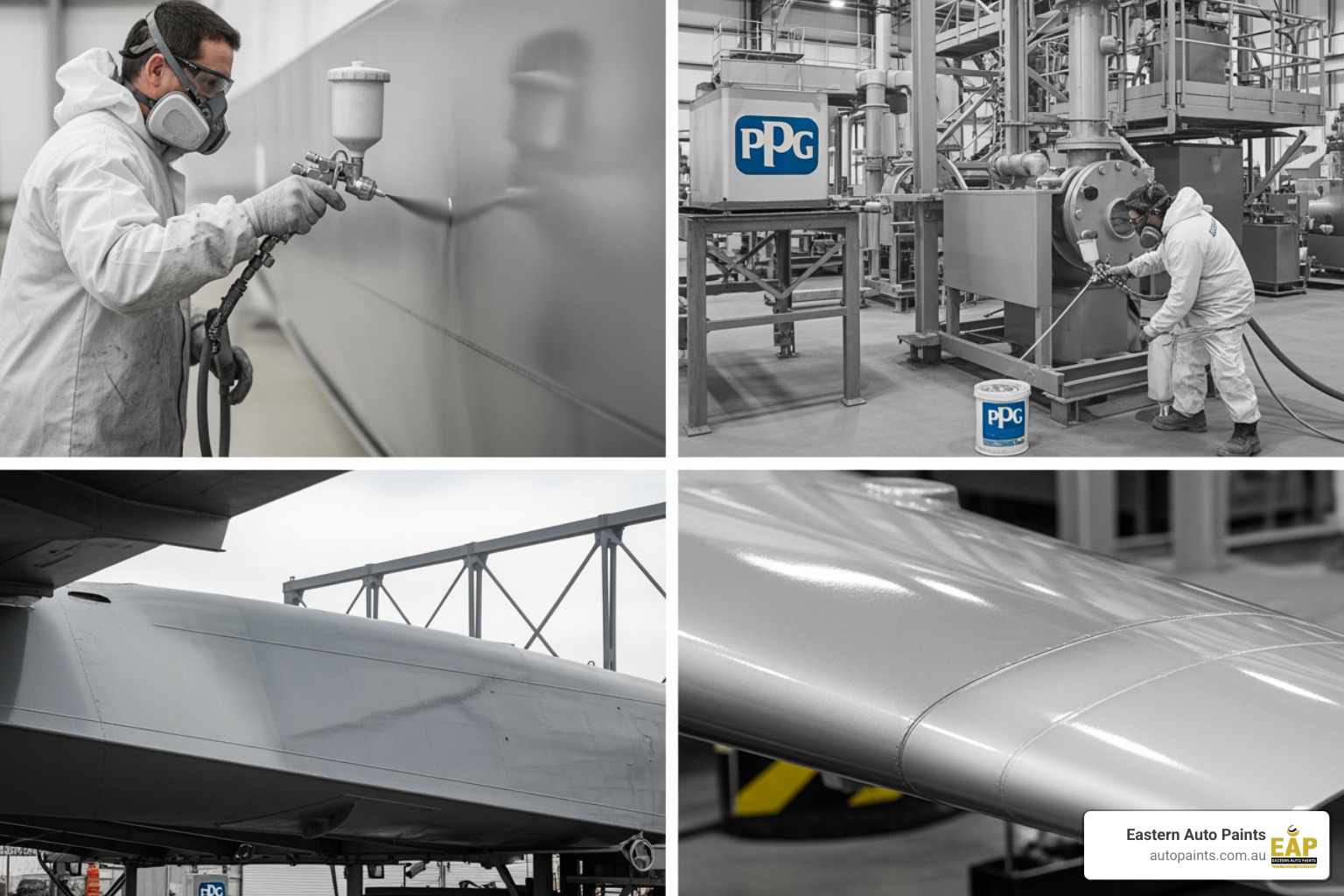 A four-panel collage demonstrating the industrial spray application and high-gloss finish of PPG Performance Polyurethane Topcoat.
