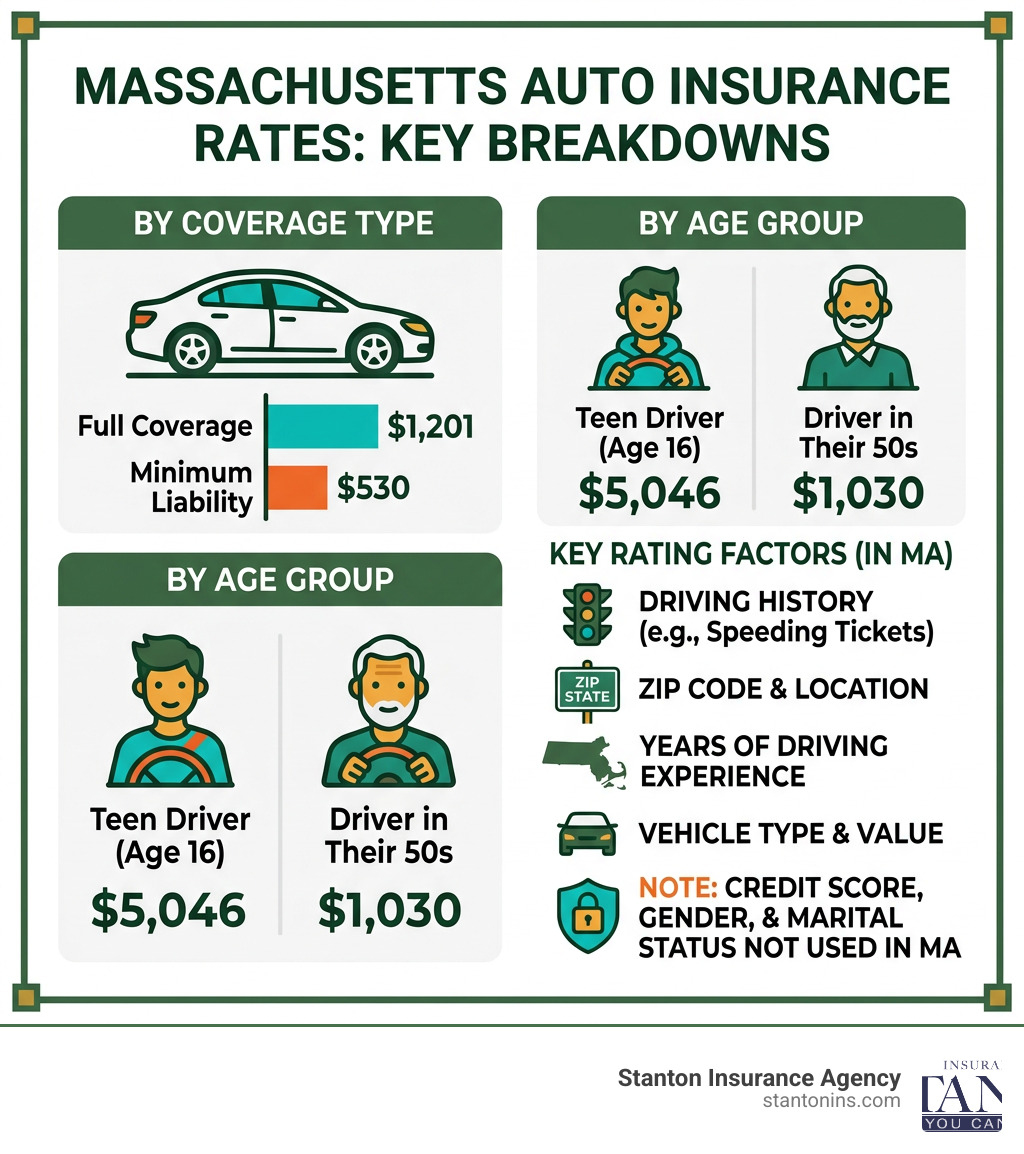 Infographic showing average Massachusetts auto insurance rates by coverage type, age group, and key rating factors - car