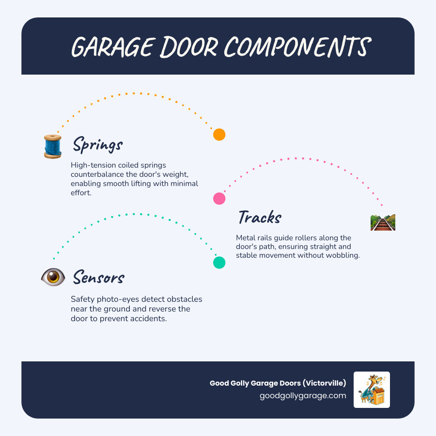 Key components of a garage door system including springs, opener, tracks, sensors, and cables - garage door maintenance