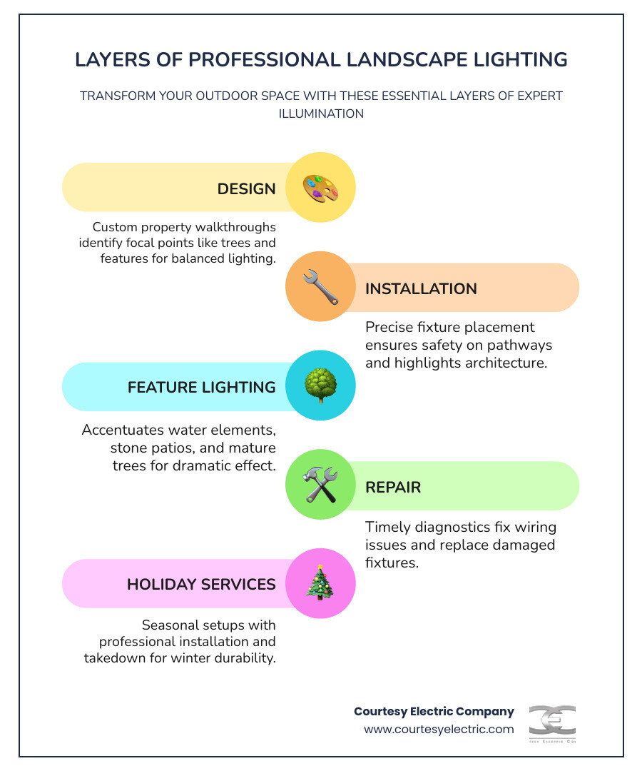 Infographic showing layers of professional landscape lighting: design, installation, feature lighting, repair, and holiday Infographic showing layers of professional landscape lighting: design, installation, feature lighting, repair, and holiday