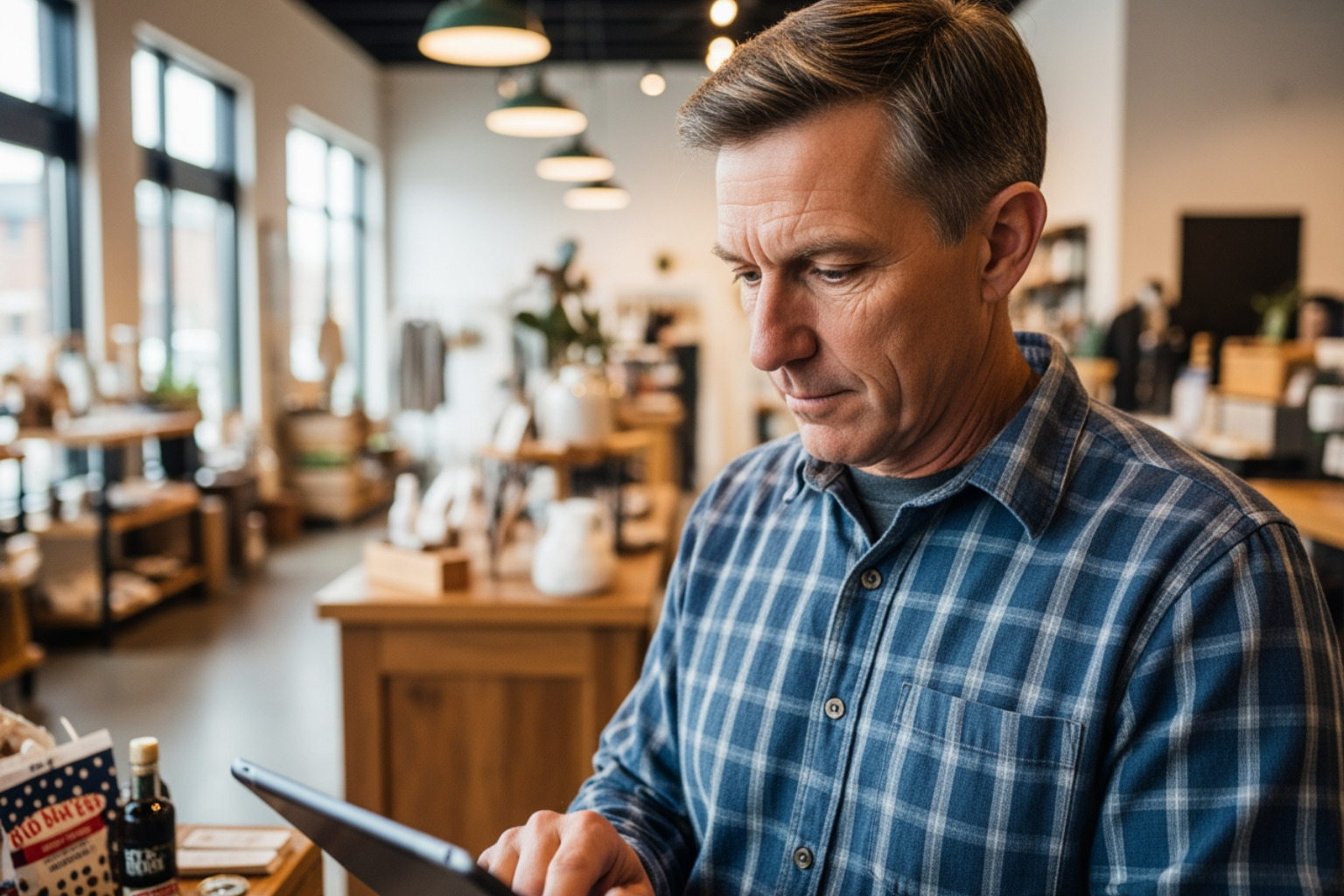 local business owner reviewing a tablet inside a bright modern storefront in Carmel - Hyperlocal SEO Indianapolis suburbs