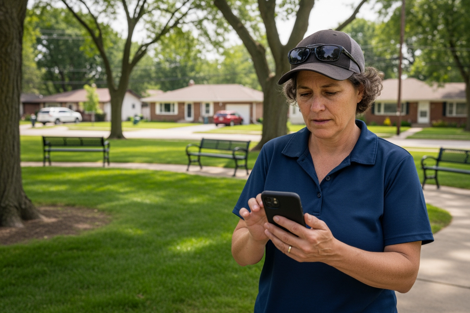 person using a smartphone to find a local service while walking through a suburban park - Hyperlocal SEO Indianapolis suburbs