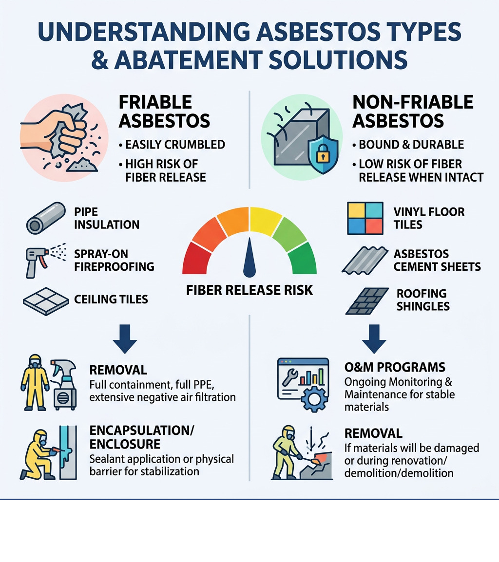 Infographic comparing friable vs non-friable asbestos types and associated abatement solutions - Asbestos abatement Infographic comparing friable vs non-friable asbestos types and associated abatement solutions - Asbestos abatement