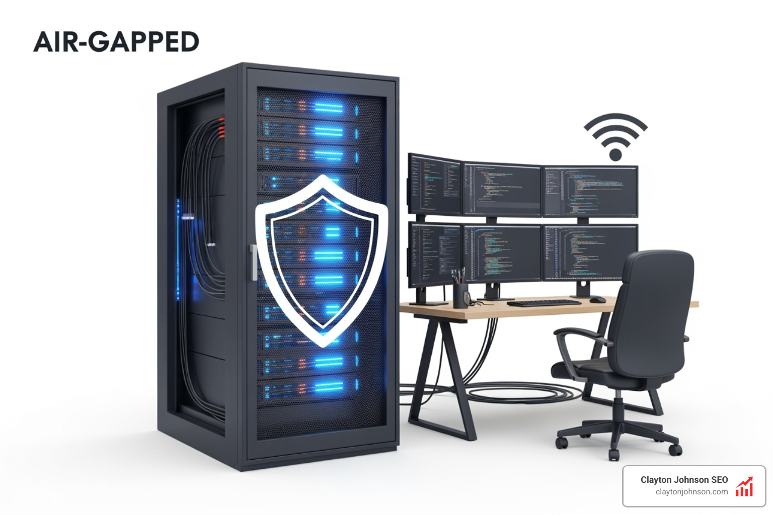 Air-gapped development setup illustration with a shield icon and local server - open source ai coding tools