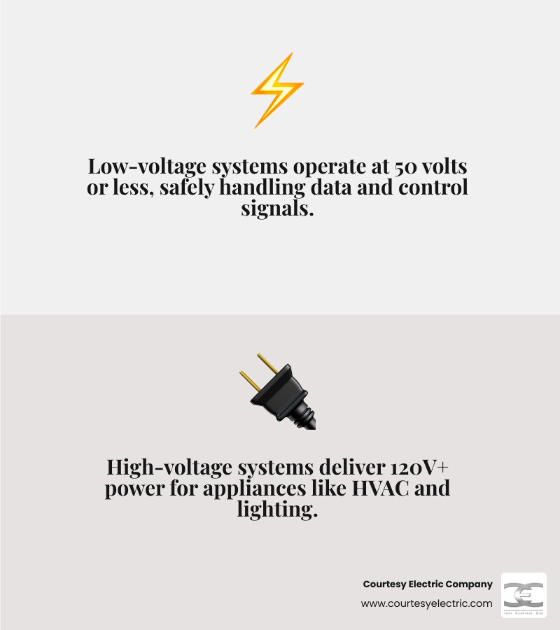 Infographic comparing low-voltage vs high-voltage systems for residential smart home integration - best low-voltage