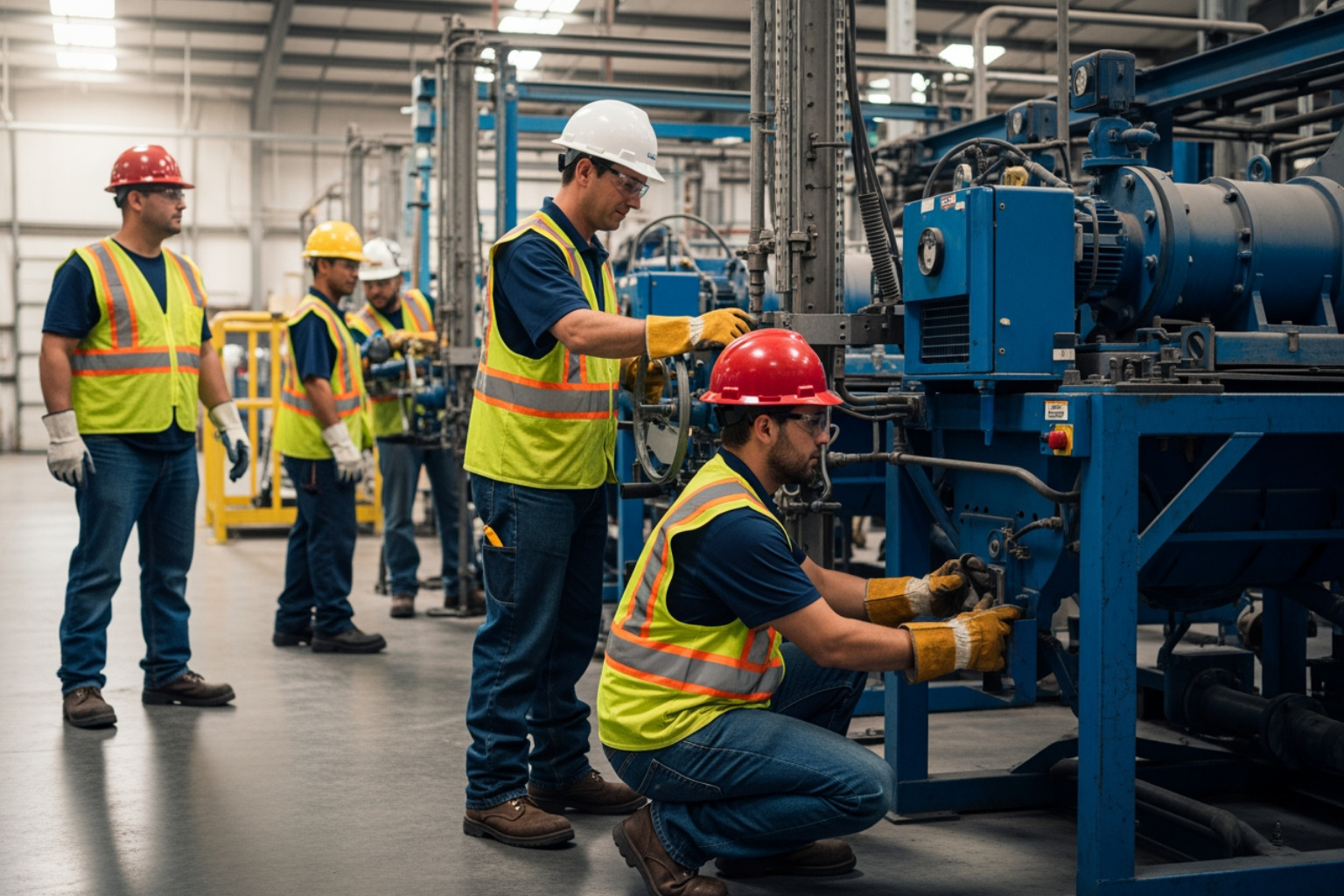 industrial facility maintenance team wearing high-visibility gear and safety equipment - Background checked cleaning team