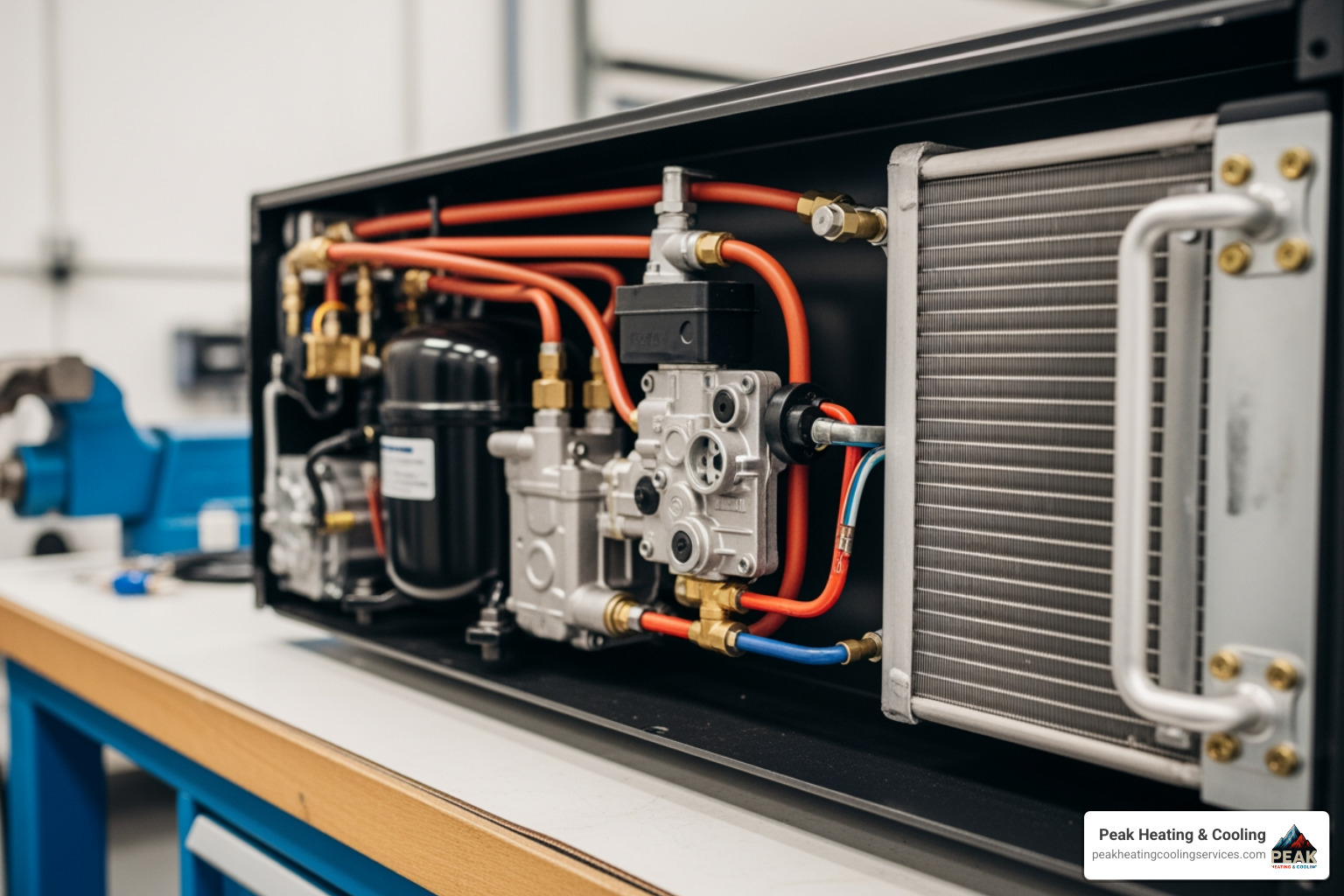 Internal components of a high-efficiency heat pump showing the compressor and refrigerant lines - heat pump vs air