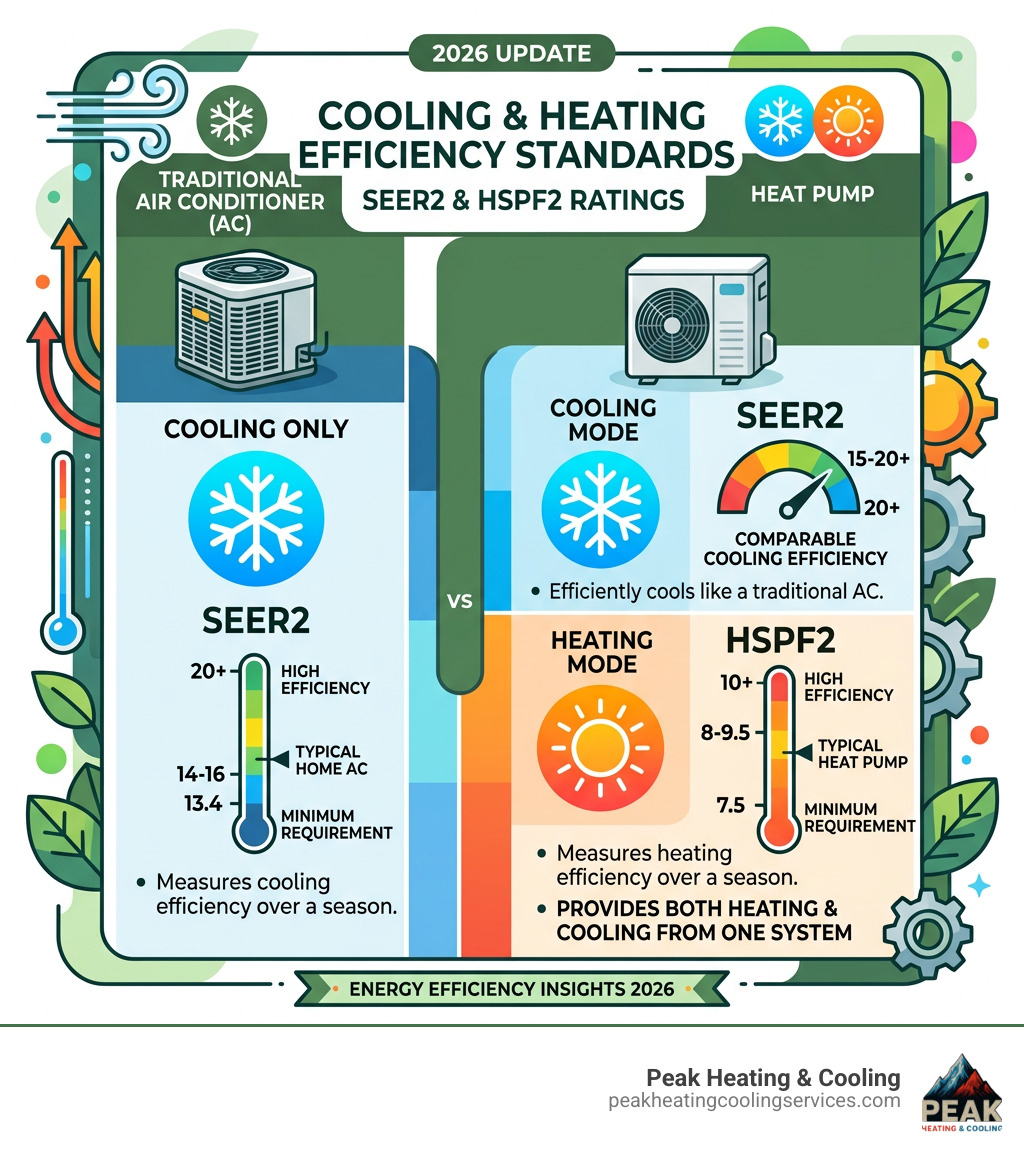 Infographic showing SEER2 and HSPF2 ratings for heat pumps versus traditional AC units - heat pump vs air conditioner