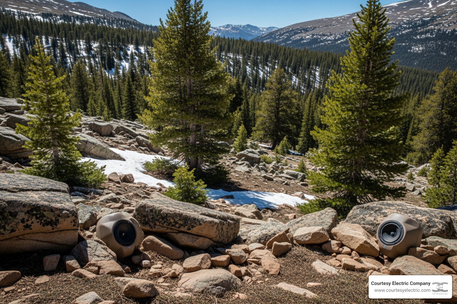 Hidden landscape speakers nestled among mountain rocks and pine trees - best outdoor audio services in winter park, co Hidden landscape speakers nestled among mountain rocks and pine trees - best outdoor audio services in winter park, co