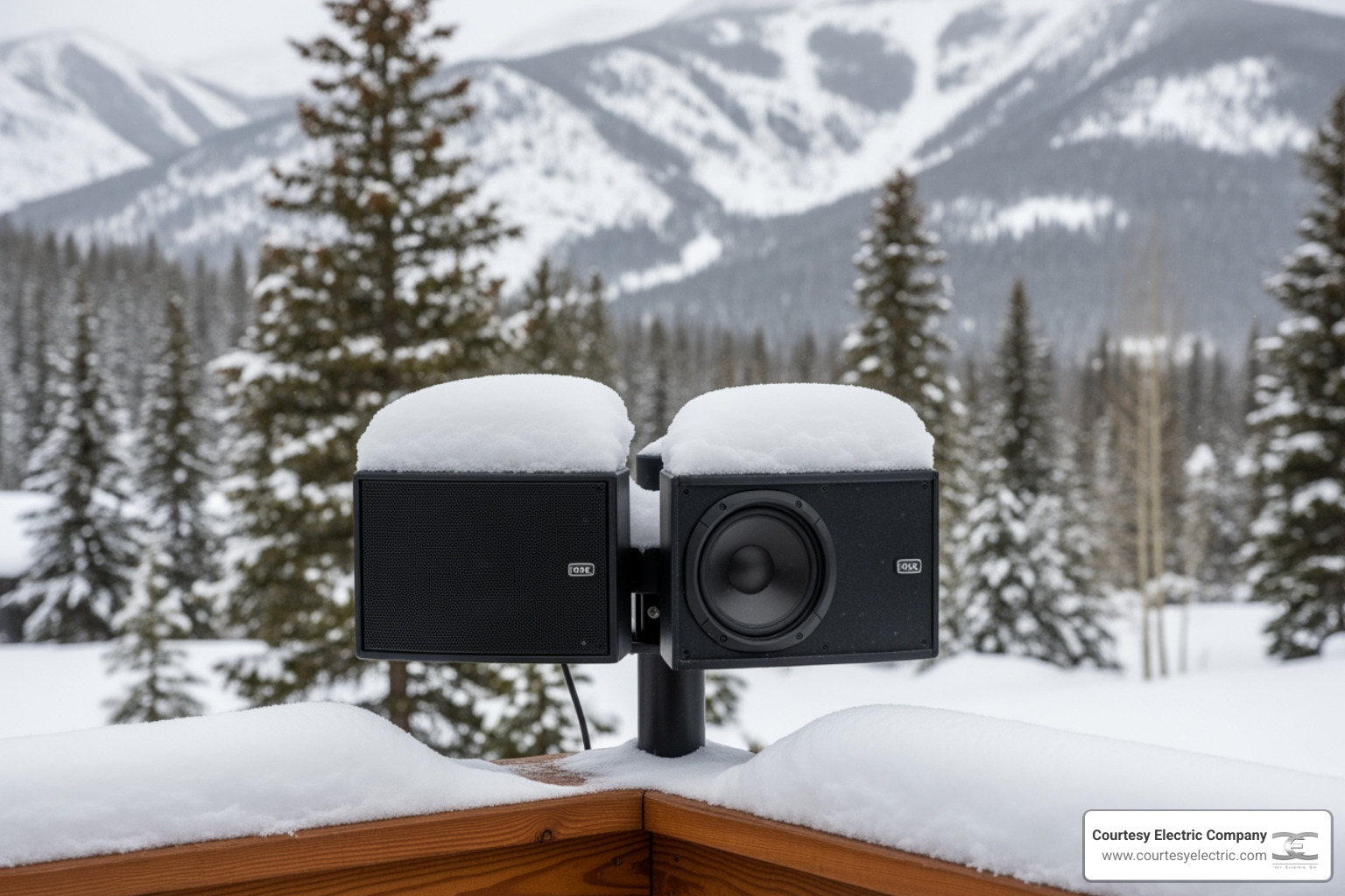 Outdoor speakers partially covered in snow during a Winter Park winter - best outdoor audio services in winter park, co Outdoor speakers partially covered in snow during a Winter Park winter - best outdoor audio services in winter park, co