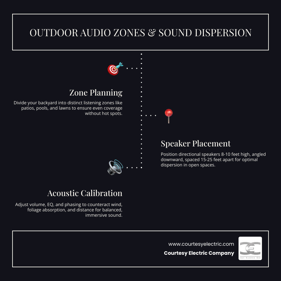 Infographic showing outdoor audio zones, speaker placement, and sound dispersion across a Centennial backyard - best outdoor