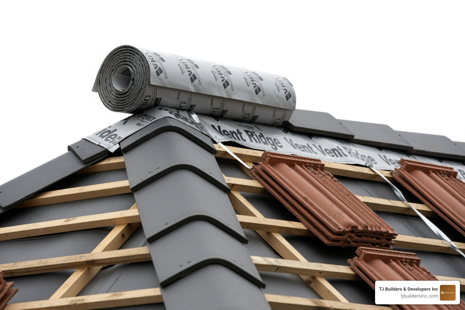 ridge roll installation on a residential roof peak showing the breathable membrane being laid over the ridge batten - dry