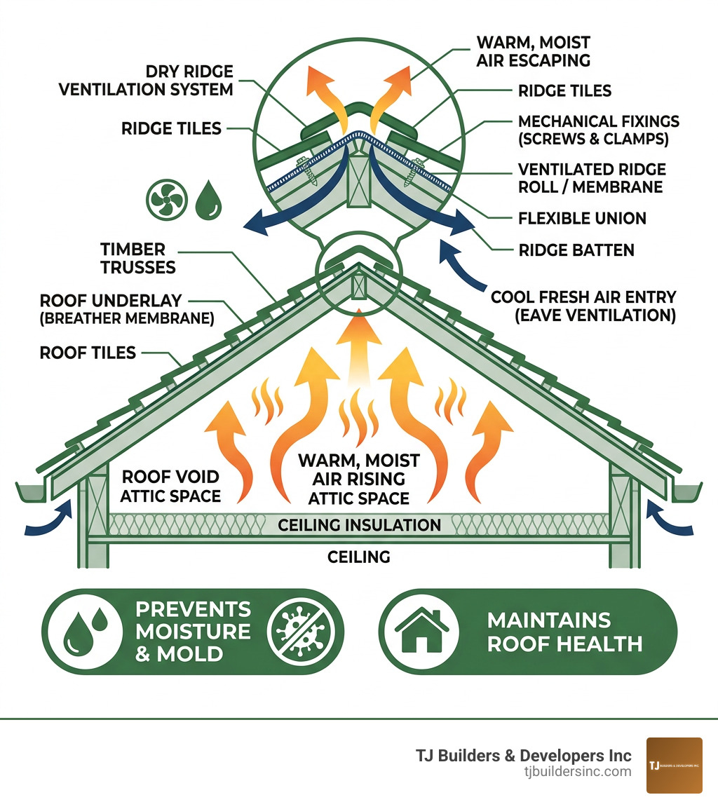 Infographic showing warm air rising through roof void and escaping via dry ridge vent with labeled components - dry ridge