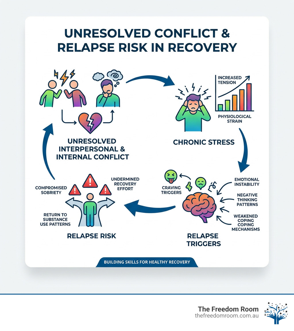Infographic titled "Unresolved Conflict & Relapse Risk in Recovery" illustrating how conflict resolution for addiction is vital.