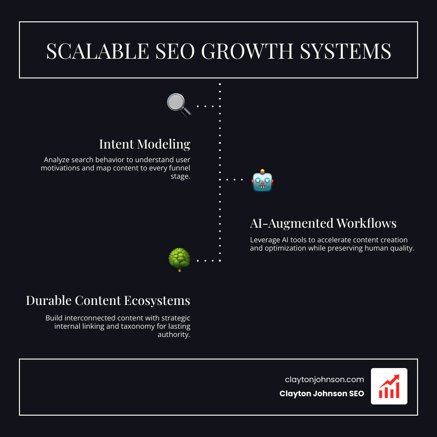 Scalable traffic systems infographic showing the flow from intent modeling to content ecosystems - best seo companies