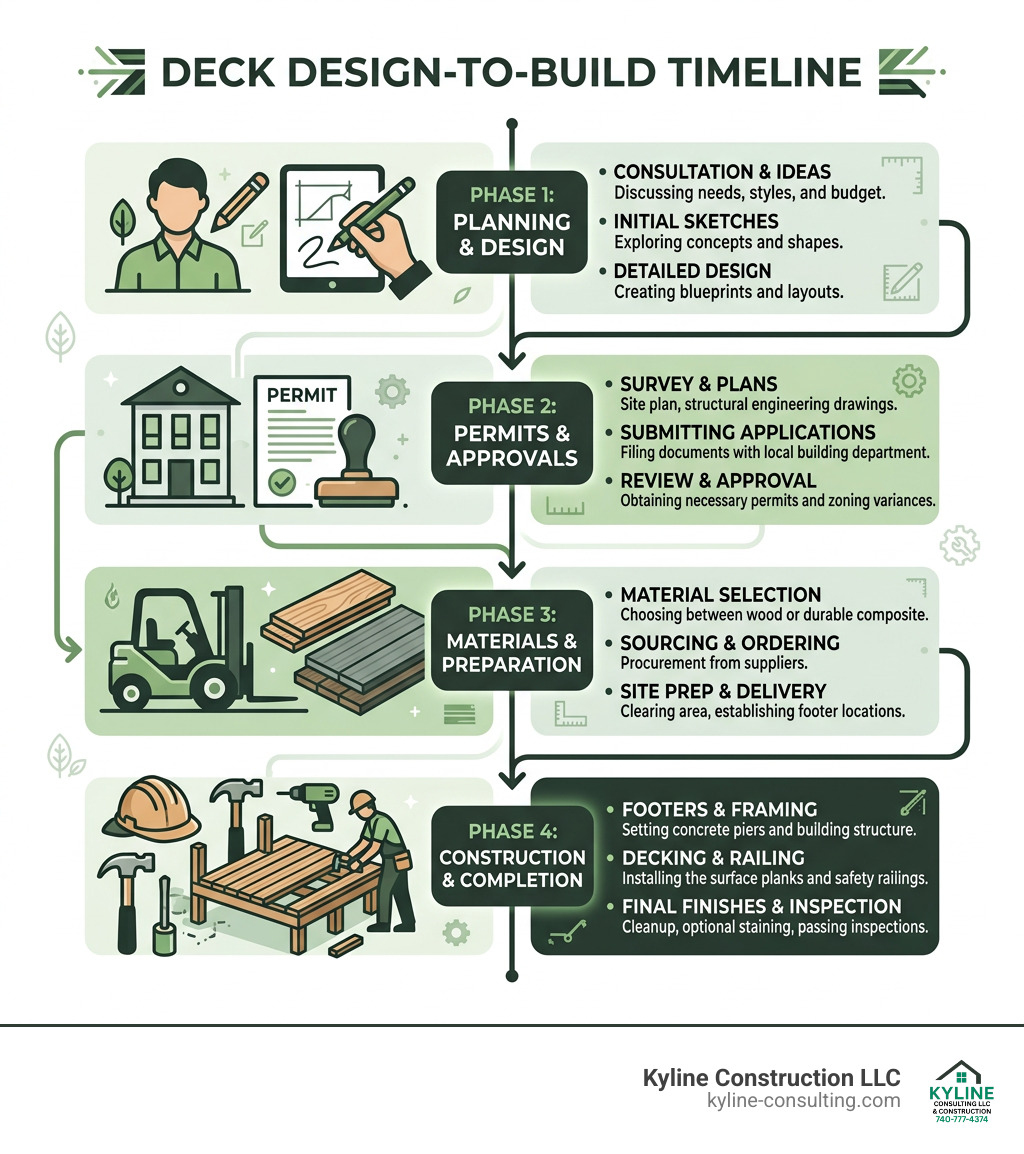 Deck design-to-build timeline infographic showing planning, permits, materials, and construction phases - deck builders in
