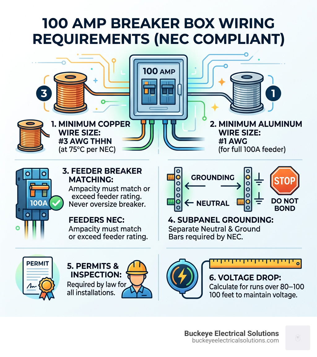 Infographic summarizing 100 amp breaker box wiring requirements including wire size, grounding, and NEC compliance - 100 amp