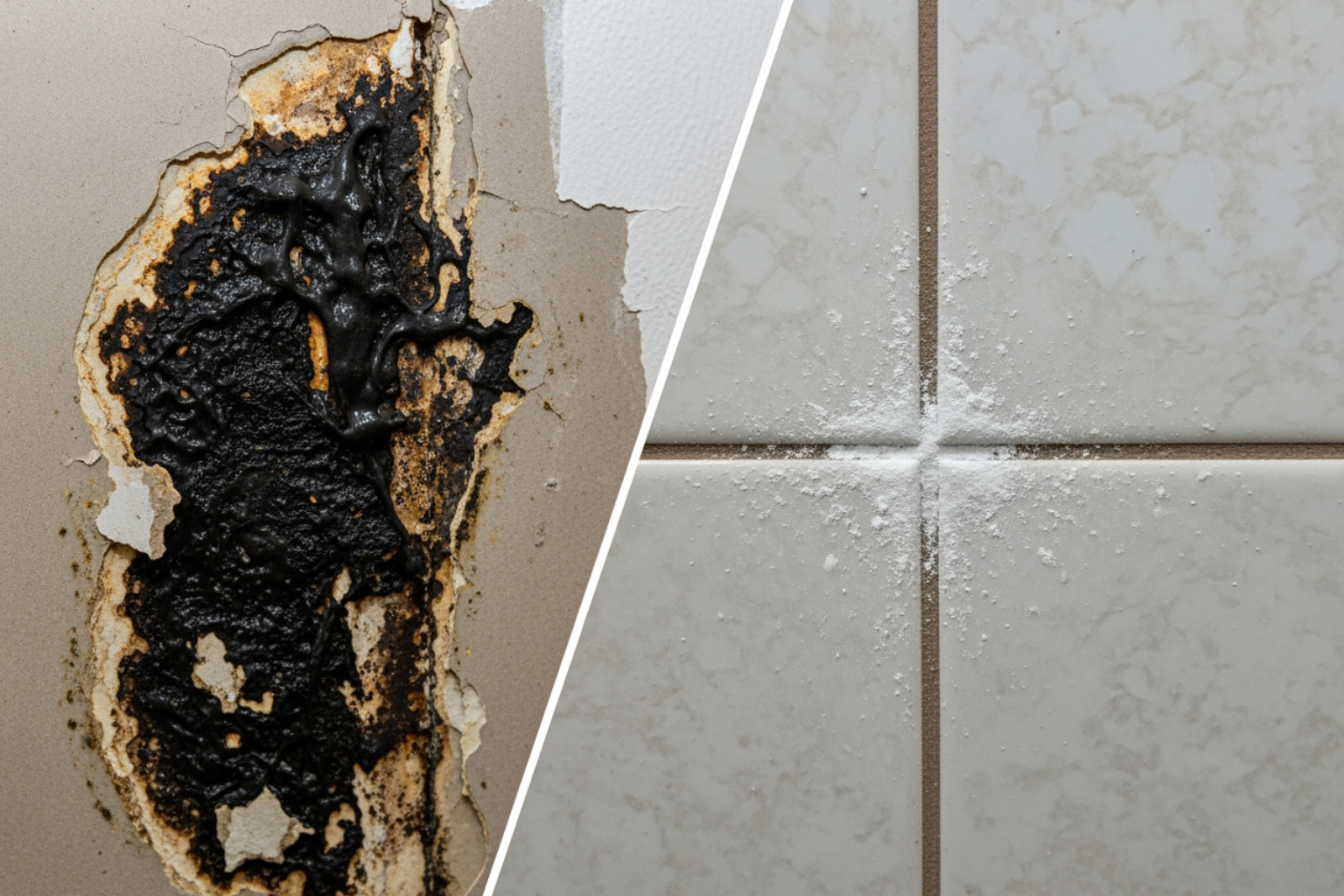 Comparison of black mold on drywall vs common white mildew on a bathroom tile - black mold removal