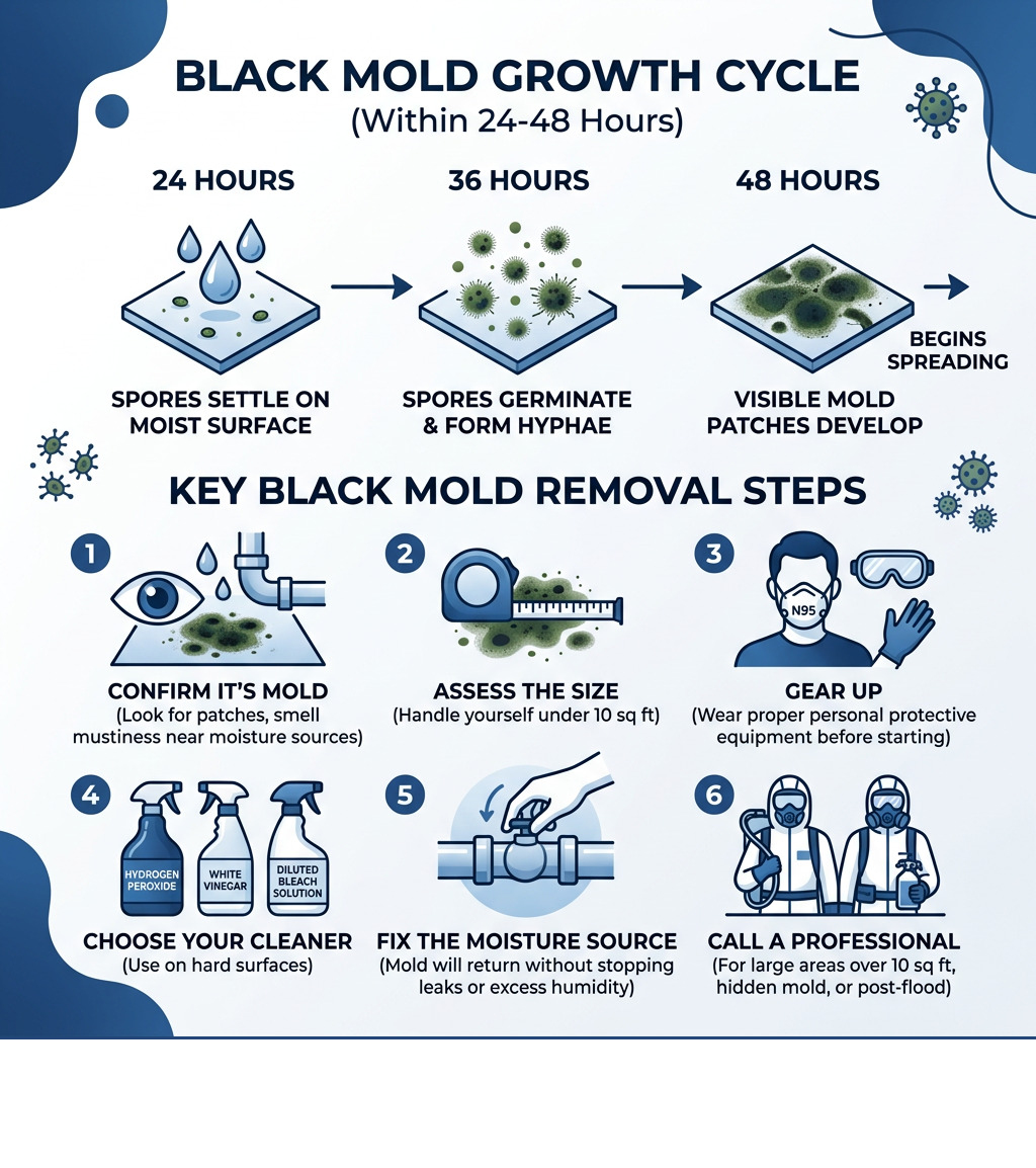 Black mold removal 24-48 hour growth cycle and key removal steps infographic - black mold removal infographic 