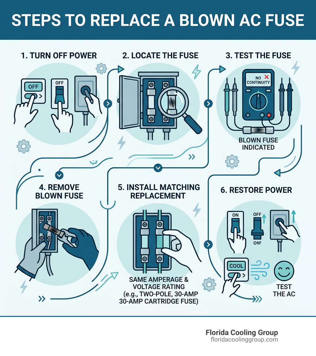 Steps to replace a blown AC fuse from breaker to restored power - replace fuse for air conditioner infographic 