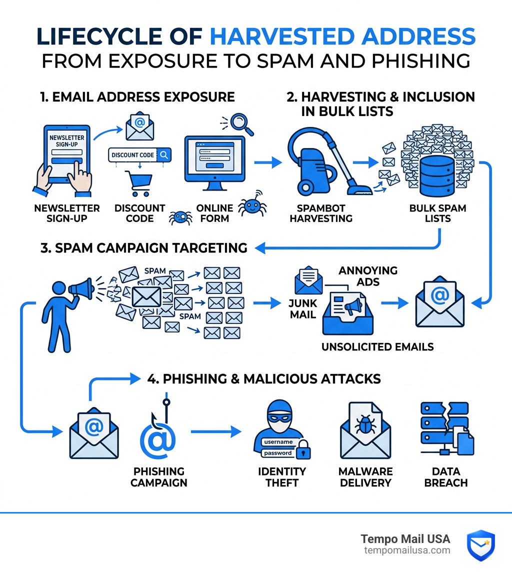 Lifecycle of a harvested email address from exposure to spam and phishing - hide email from spam infographic Lifecycle of a harvested email address from exposure to spam and phishing - hide email from spam infographic