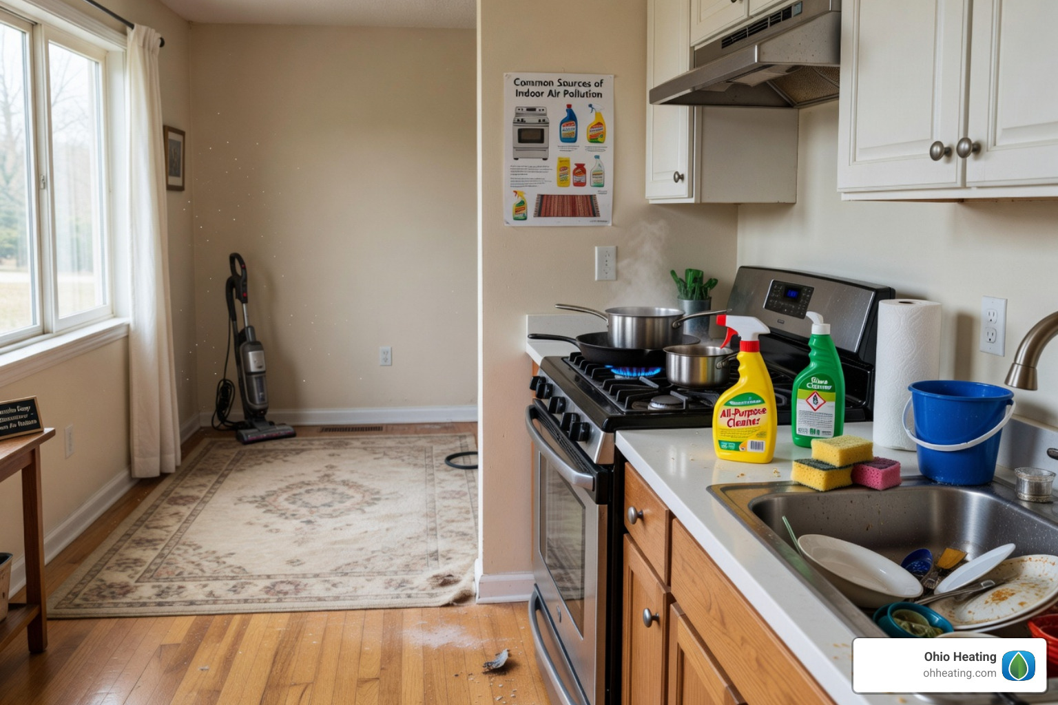 common indoor pollution sources like cleaning supplies a gas stove and a dusty rug - Indoor air quality
