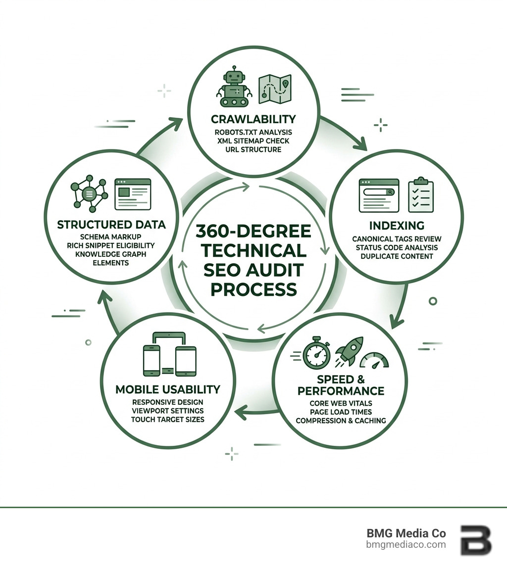 360-degree SEO technical audit process infographic showing crawlability, indexing, speed, mobile, and structured data - seo