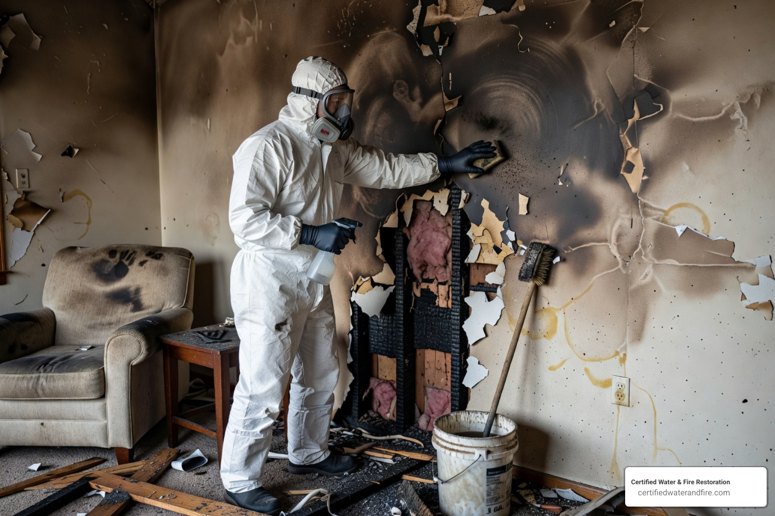 Technician cleaning smoke damaged wall surface - restoration vs remediation vs reconstruction