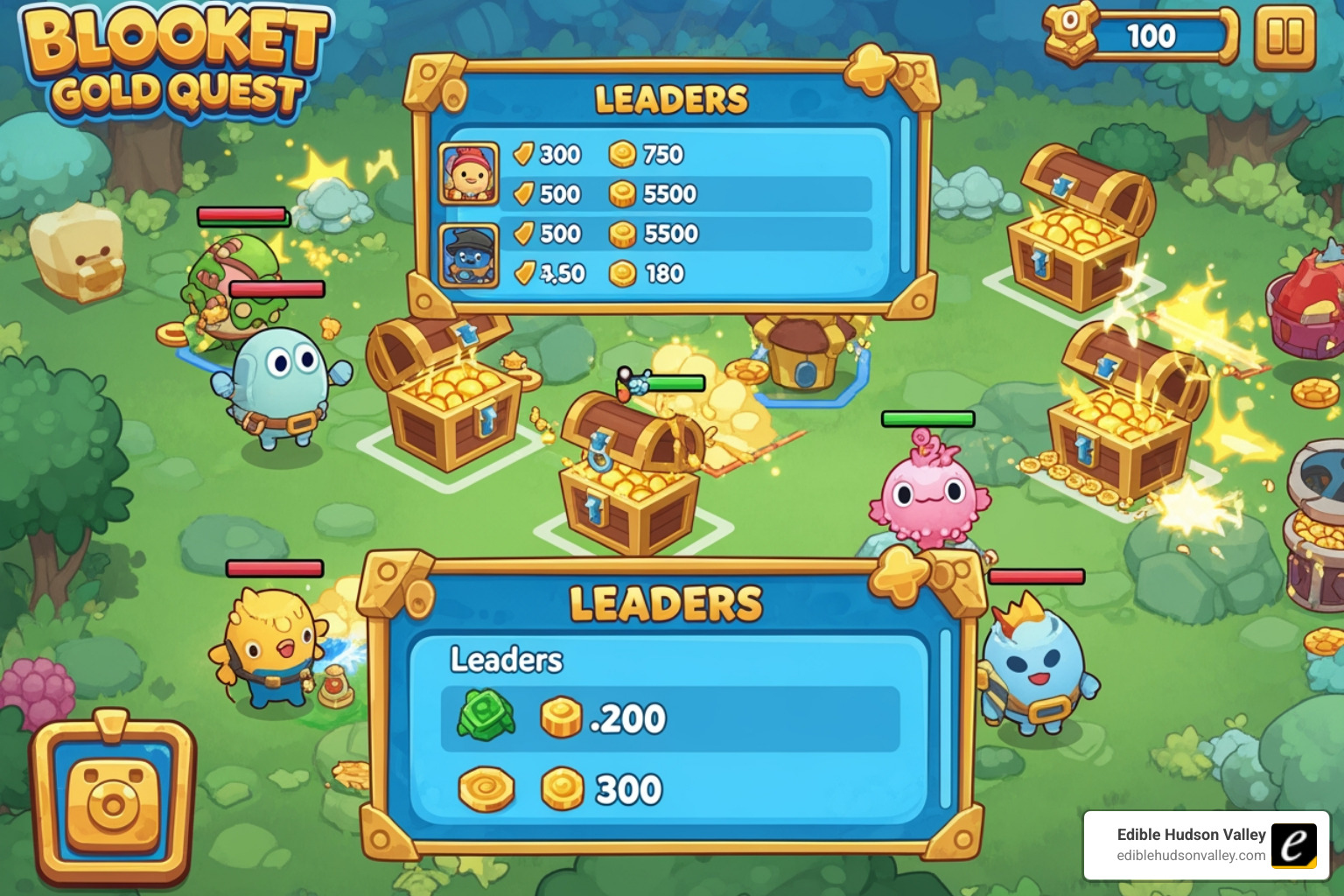 Screenshot of the Gold Quest gameplay showing treasure chests and player gold totals -  blooket