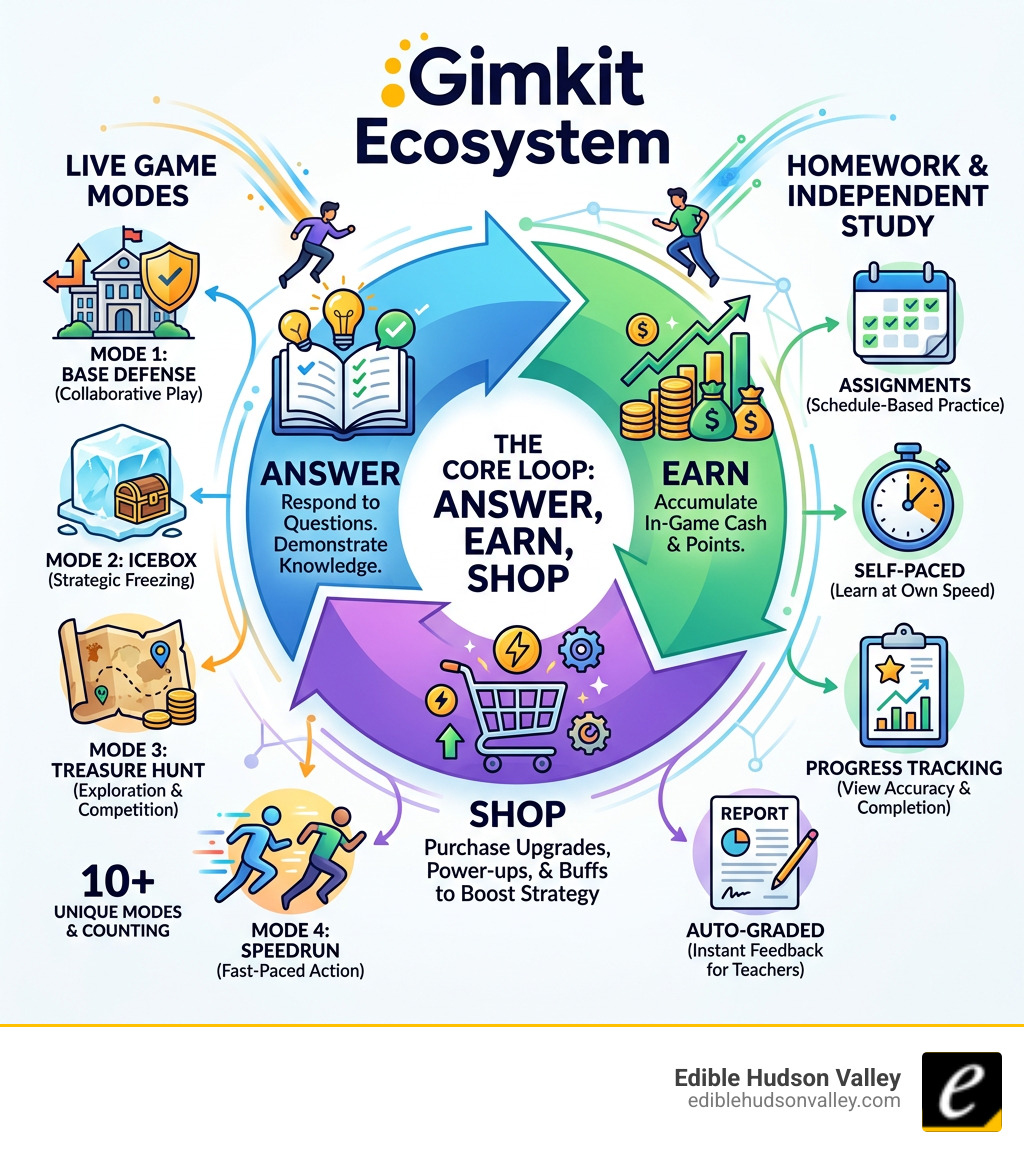 Gimkit ecosystem infographic showing Answer Earn Shop loop game modes and homework features - gimit infographic 
