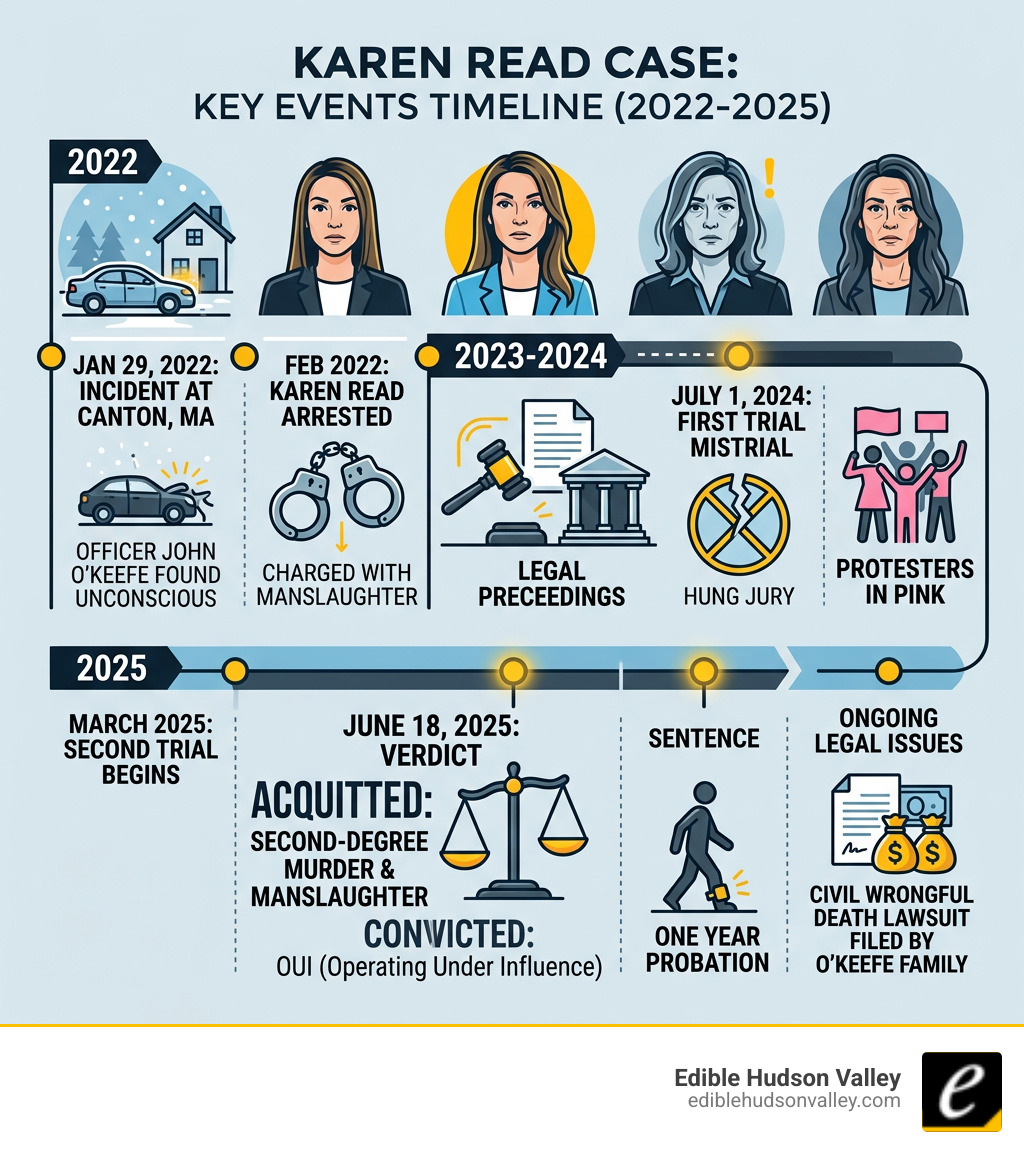 Karen Read case 2022-2025 timeline infographic showing key events from incident to verdict - karen read infographic 