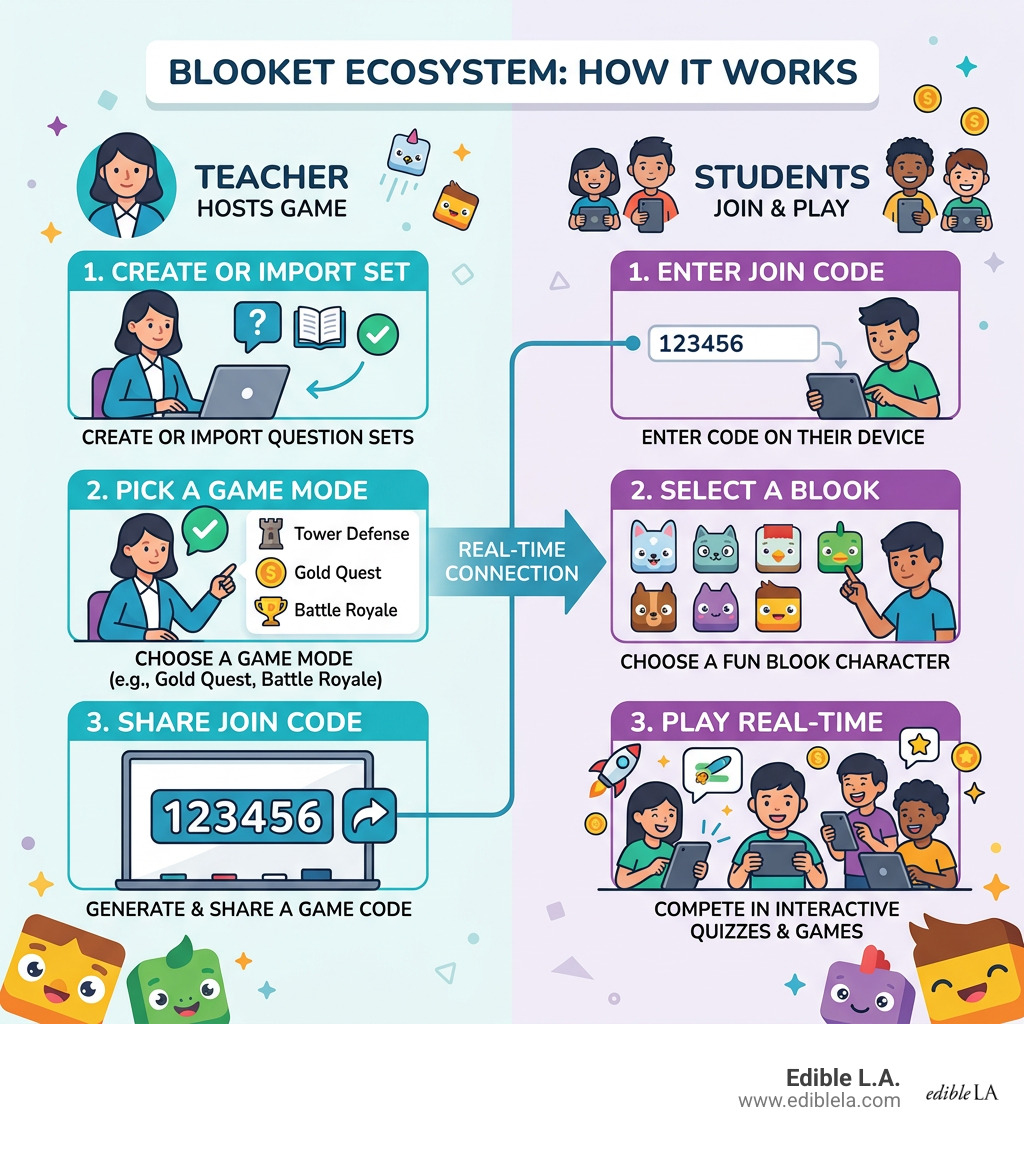 Blooket ecosystem infographic showing how teachers host games and students join with codes -  blooket infographic 