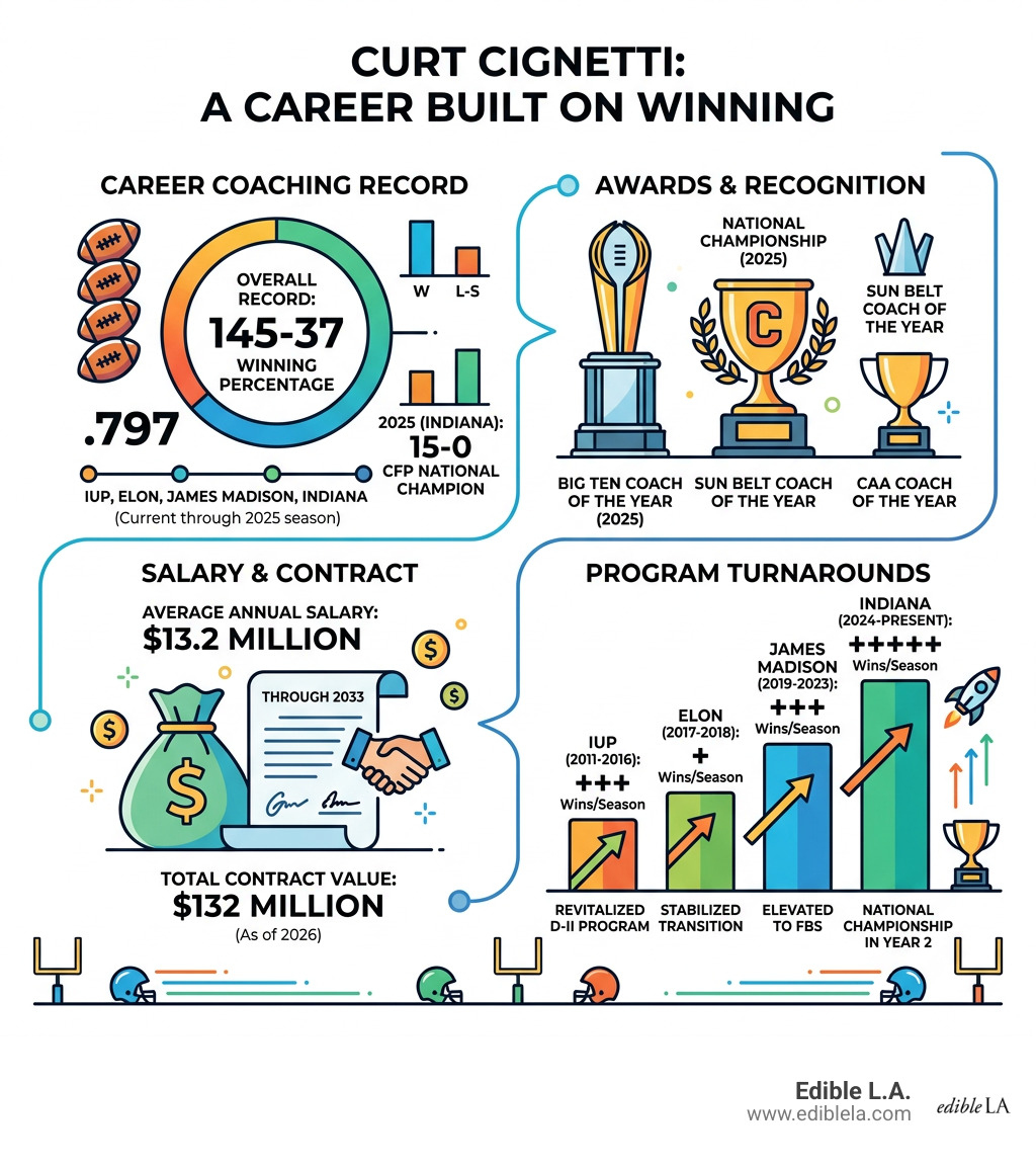 Curt Cignetti career coaching record, awards, salary, and program turnarounds infographic - curt cignett infographic 