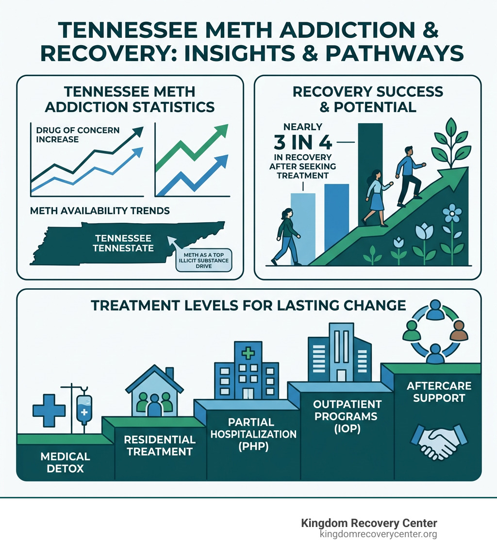 Tennessee meth addiction statistics, recovery success rates, and treatment levels infographic - meth rehab center in
