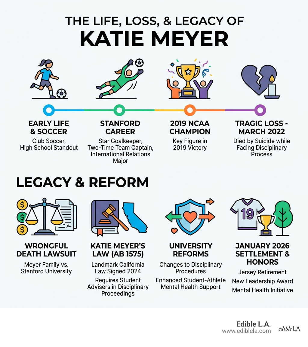 Katie Meyer career timeline, death, lawsuit, law, and Stanford legacy infographic - katie meyer stanford infographic 