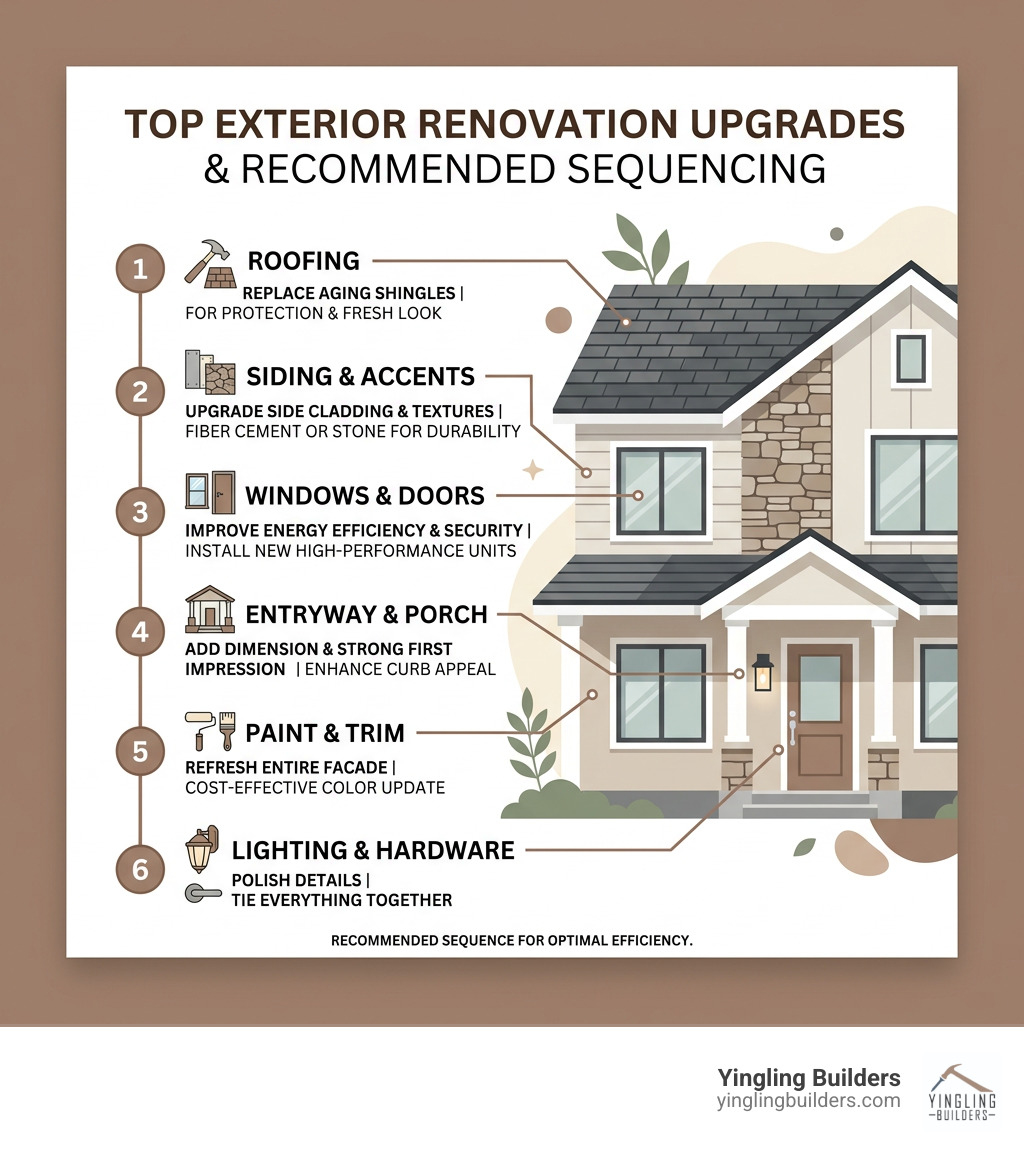 Top exterior renovation upgrades and recommended top-down sequencing for homeowners - exterior home renovations infographic 