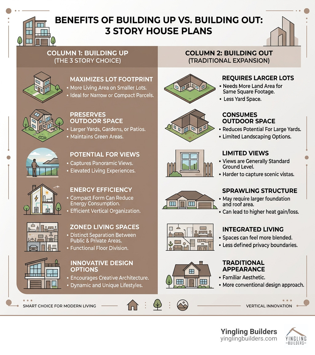 Benefits of building up vs. building out infographic for 3 story house plans - 3 story house plans infographic 