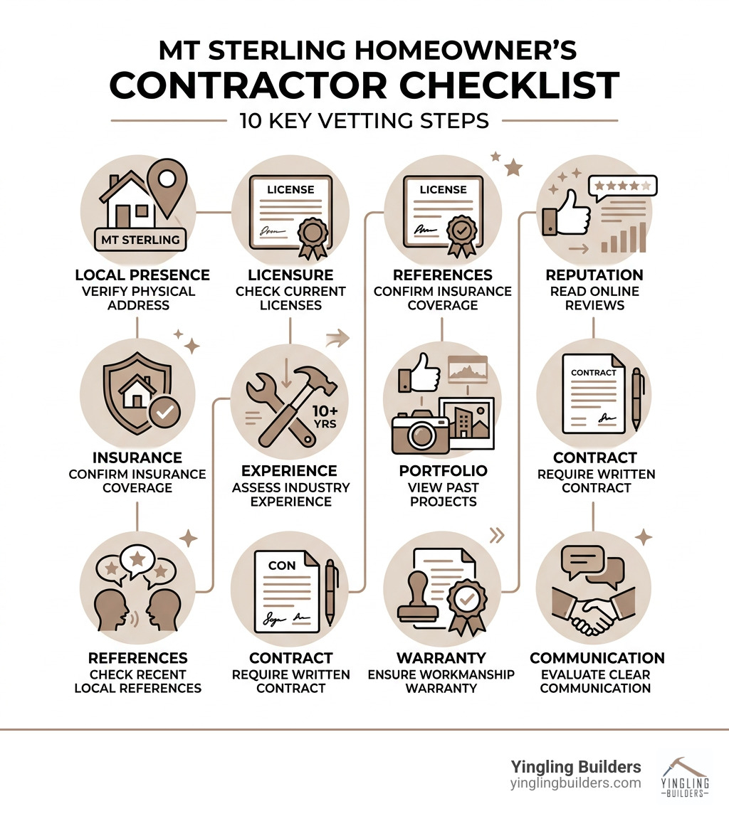 10-step contractor vetting checklist for Mt Sterling homeowners - local contractor in Mt Sterling infographic