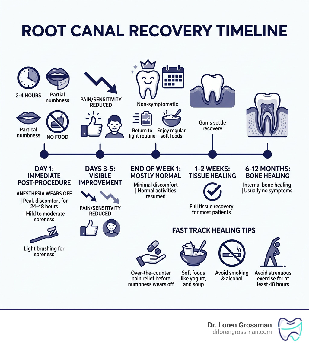 Root canal recovery timeline infographic showing stages from day 1 to full healing - Root Canal Recovery Time: What to