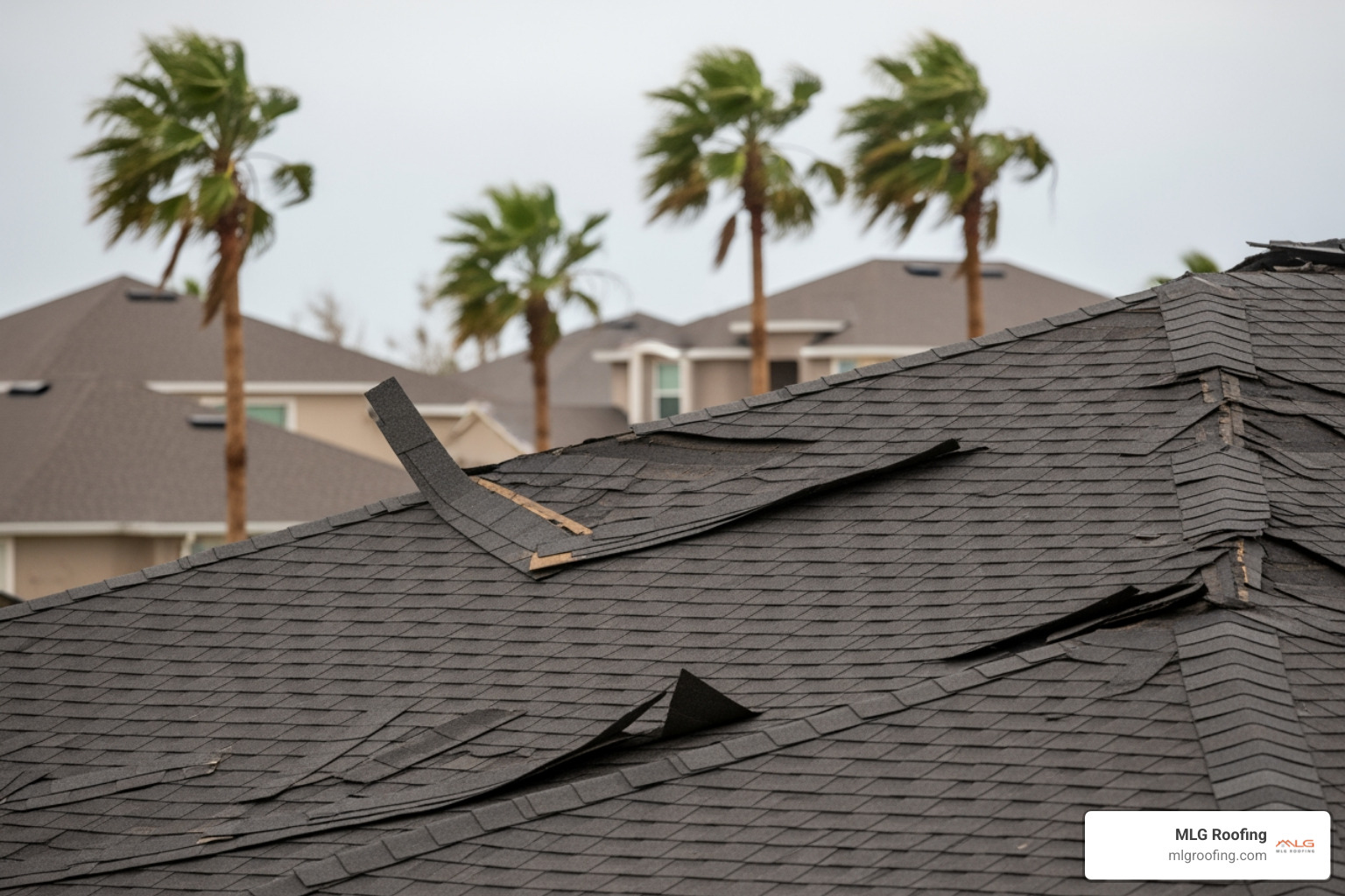 Wind-damaged shingles on a Viera FL residential roof - roof repair Viera FL
