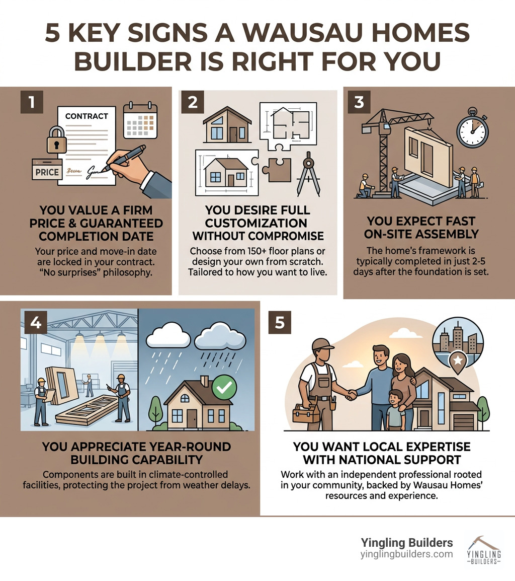 Infographic showing the 5 key signs a Wausau Homes builder is right for you - wausau homes builder infographic 