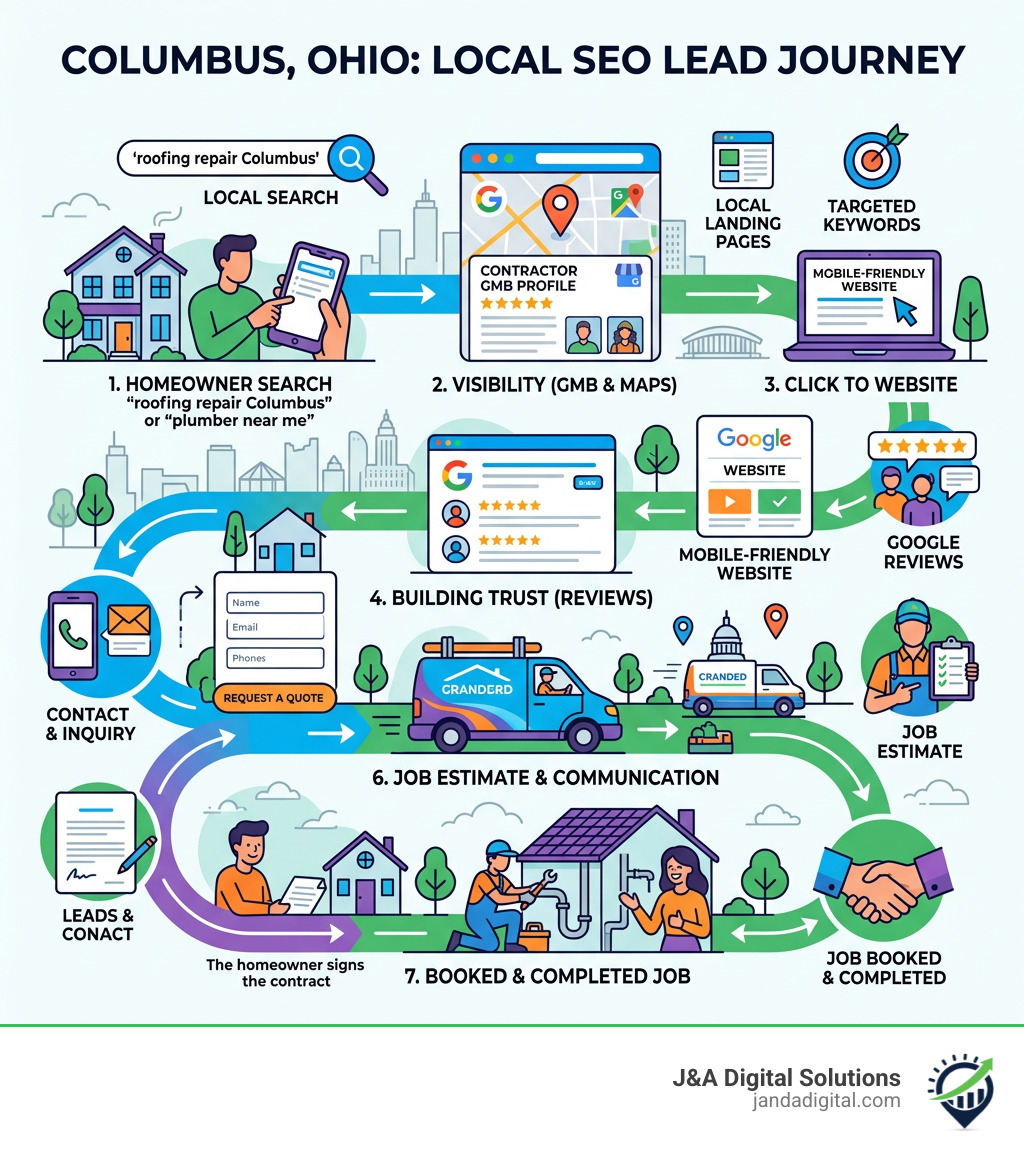 Local SEO lead journey for home services contractors in Columbus Ohio showing search to booked job - contractor seo Local SEO lead journey for home services contractors in Columbus Ohio showing search to booked job - contractor seo